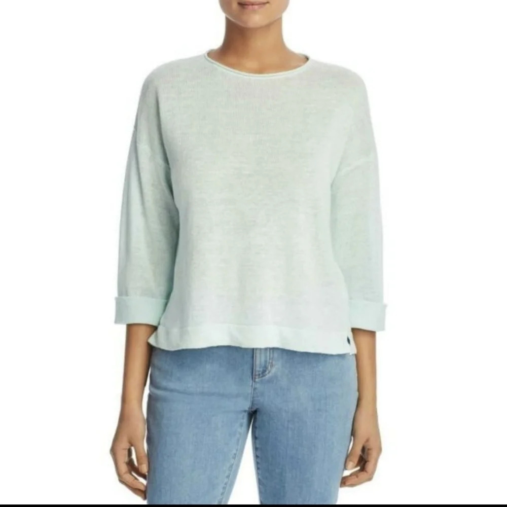 Eileen Fisher L 100% Organic Linen Boxy Top Mint Rolled 3/4 Sleeves Flowy Shirt